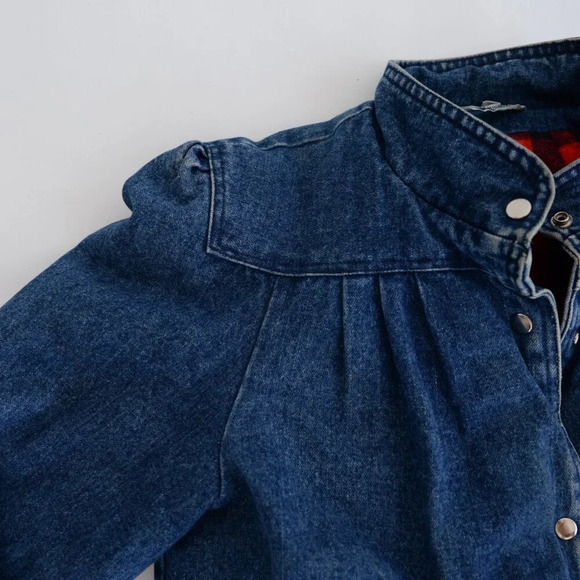 Vintage Denim Trucker Jacket Red Black Checker Flannel Lined Button Up Jacket L - Picture 11 of 13